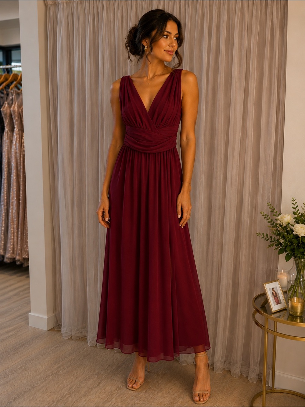 Elegant Burgundy V-Neck Sleeveless Maxi Dress